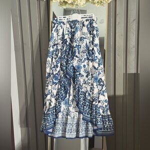 Blue and White High Low Maxi Skirt with Tiered A-Line Style